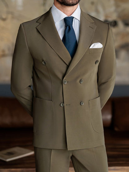 XAYWEAR olive double-breasted suit for men with white pocket square and navy tie
