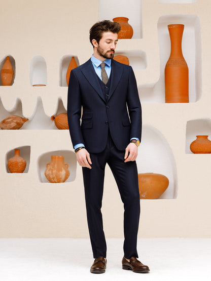 XAYWEAR navy suit set for men with tailored fit and matching vest styled with brown shoes