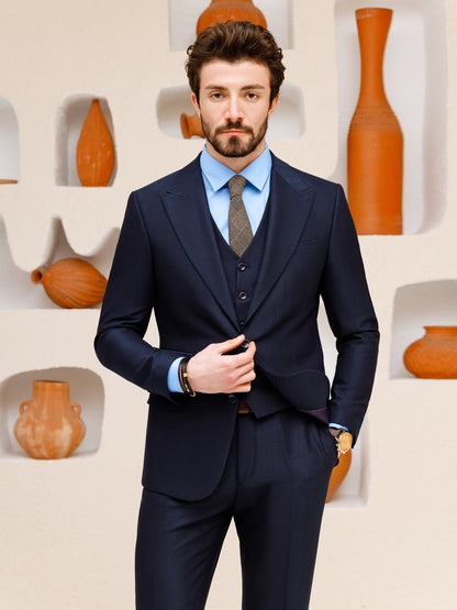 XAYWEAR navy blue suit set for men with matching vest and gray tie styled for formal occasions