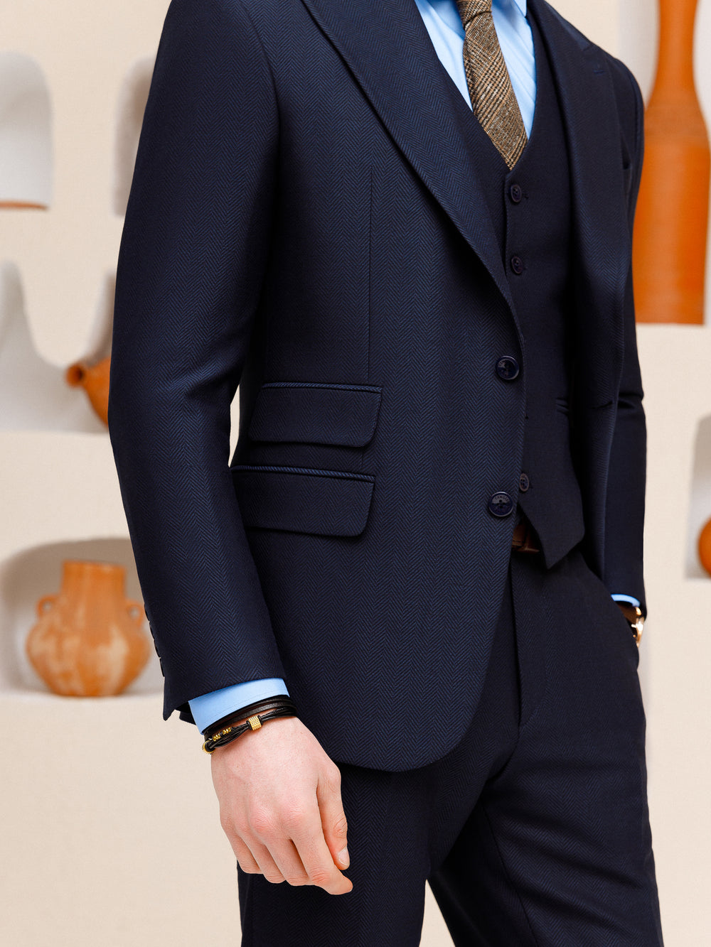 XAYWEAR navy blue suit set for men with matching vest and gold patterned tie