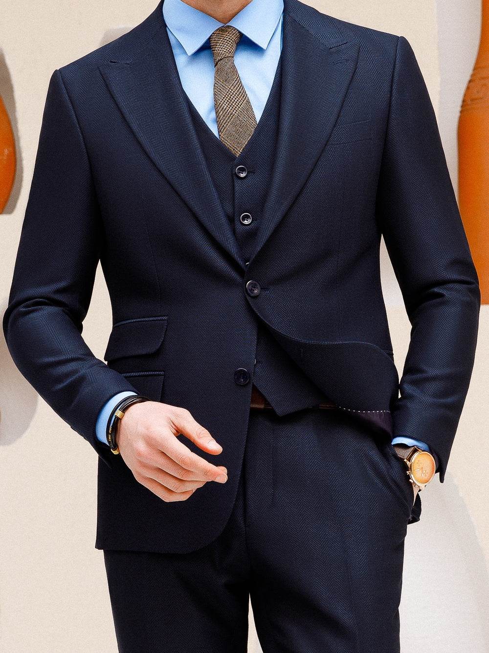 XAYWEAR navy blue suit set for men with three-piece design and brown tie