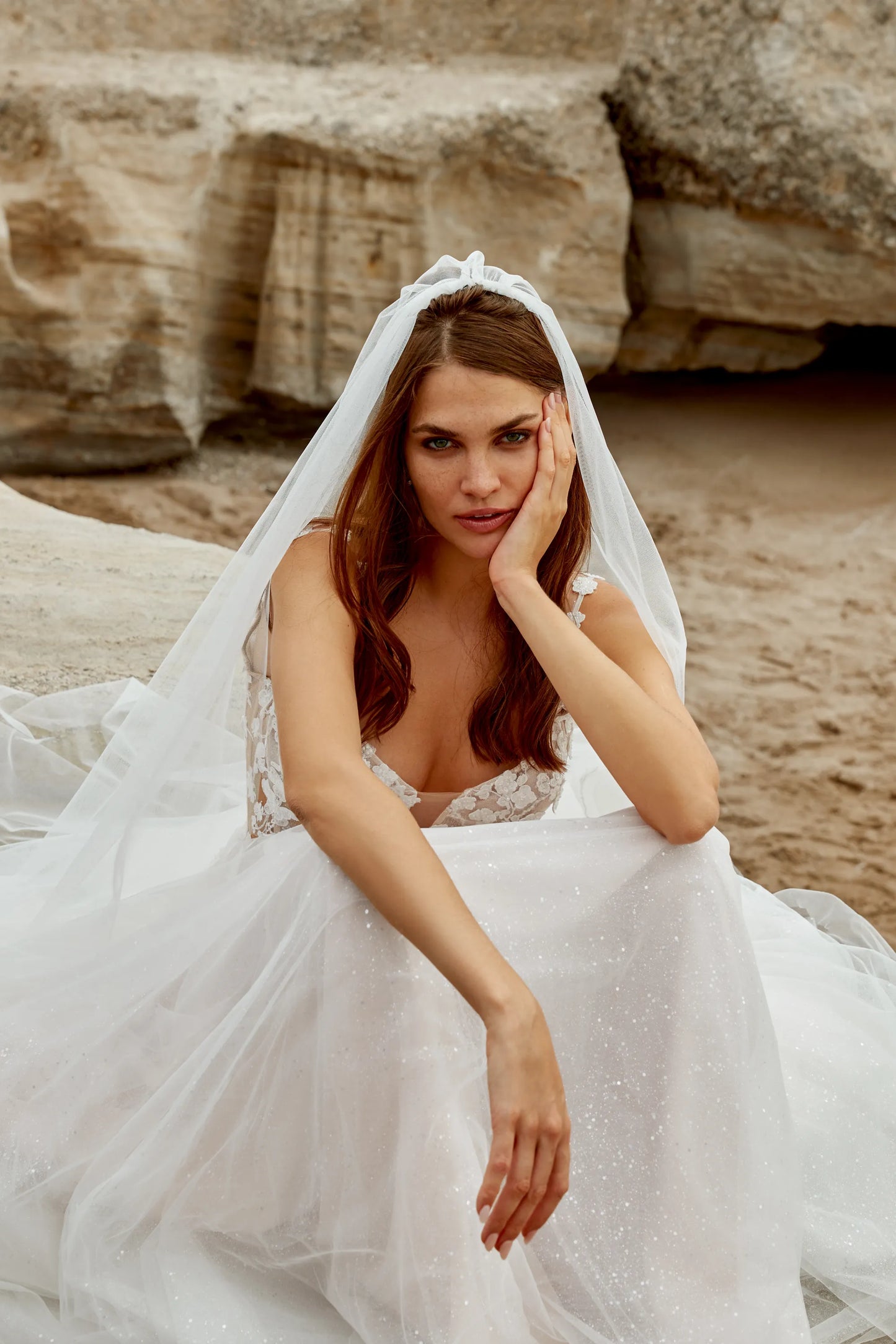 XAYWEAR elegant wedding dress with lace bodice and tulle skirt worn by bride outdoors