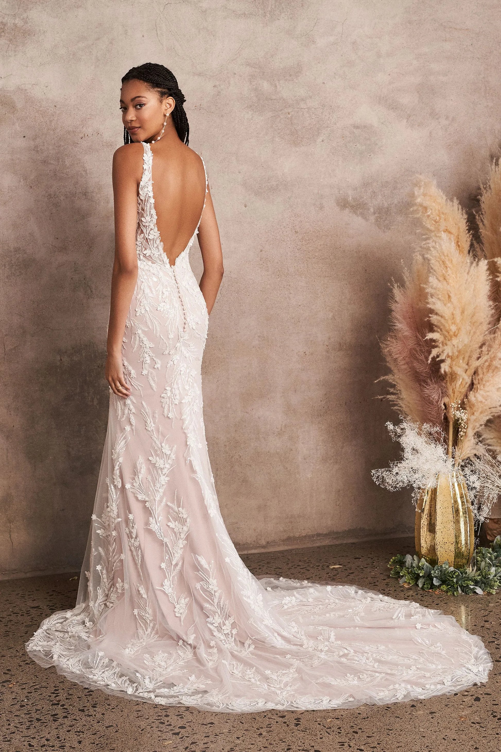 XAYWEAR wedding white dress gown with lace detailing and low back train on model