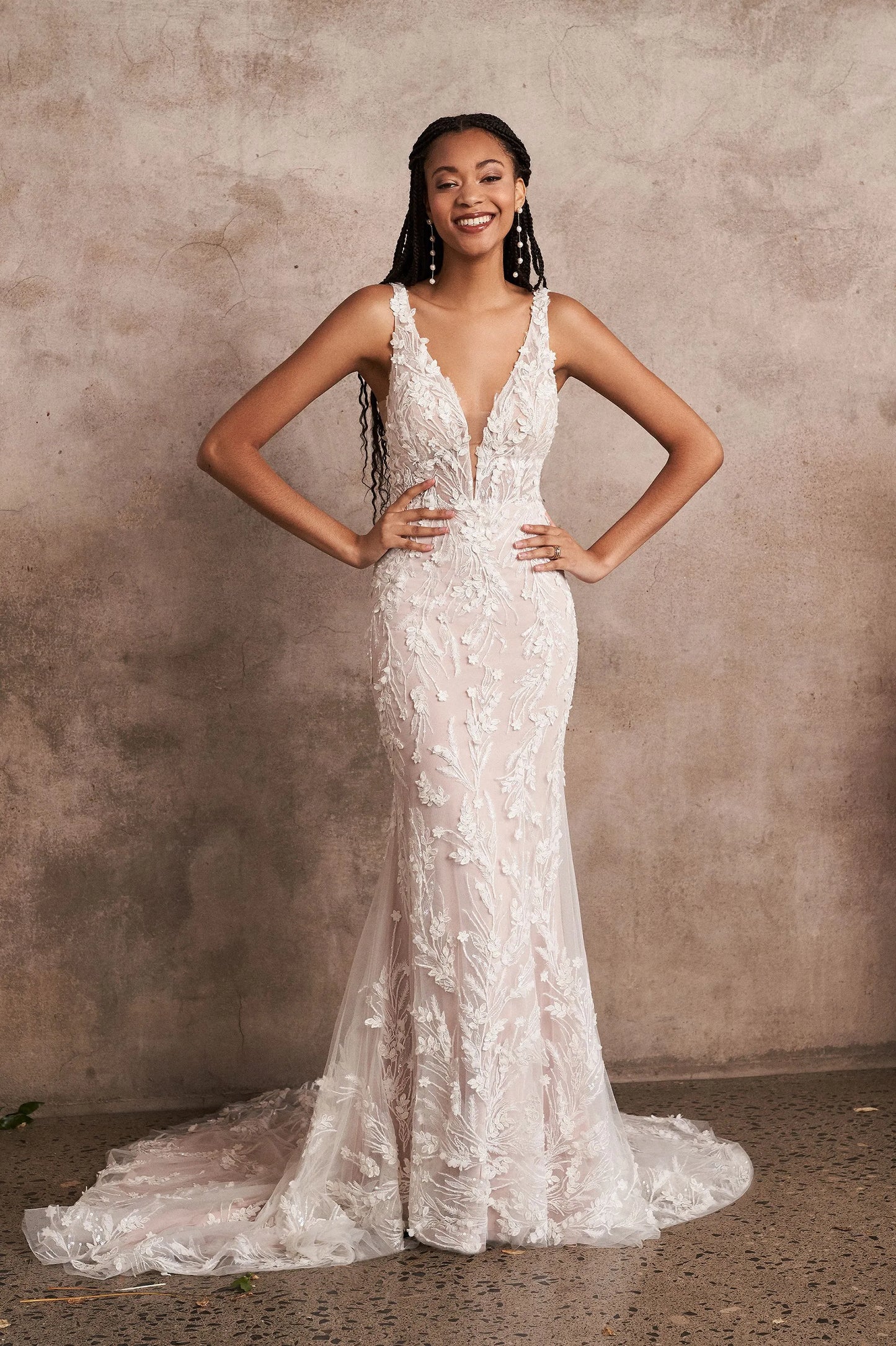 XAYWEAR elegant wedding white dress gown with lace details and deep V neckline