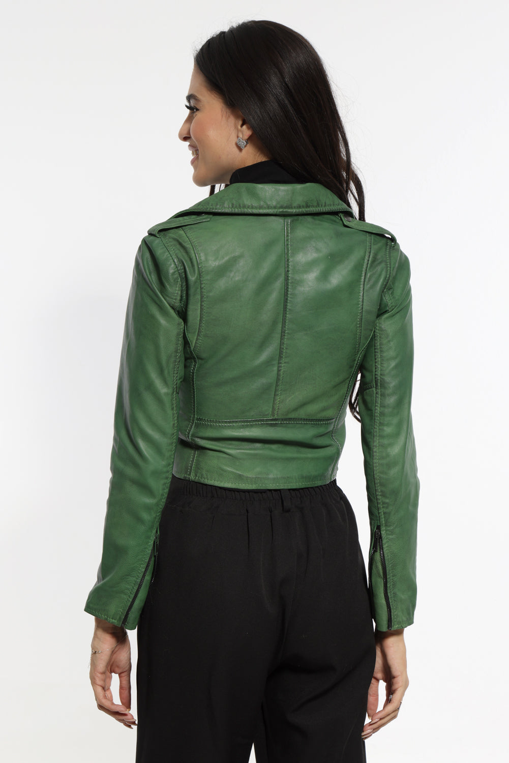 XAYWEAR women cropped leather jacket in green shown from back with long sleeves and biker style