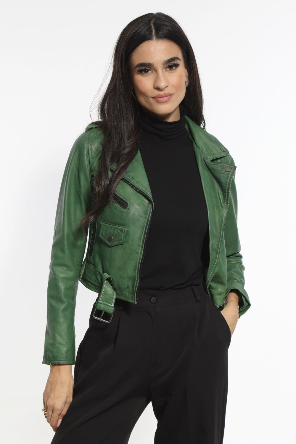 XAYWEAR women cropped leather jacket in green biker style with zipper and belt detailing