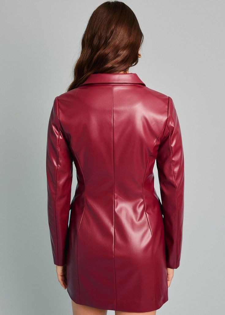 XAYWEAR red leather blazer styled as a women leather dress with long sleeves and tailored fit