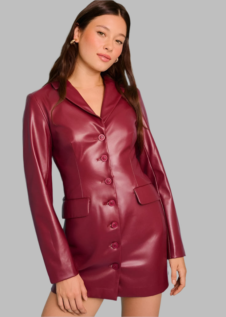 XAYWEAR women leather dress blazer in burgundy with button front and long sleeves
