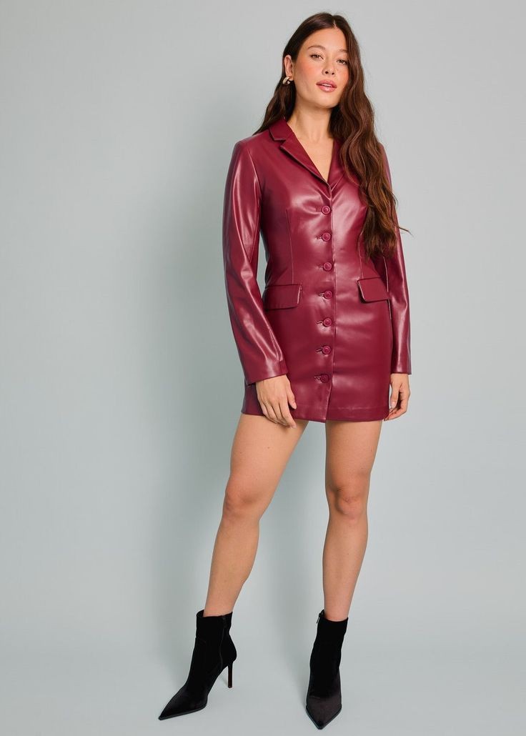 XAYWEAR women leather dress in burgundy leather blazer style with long sleeves and button closure