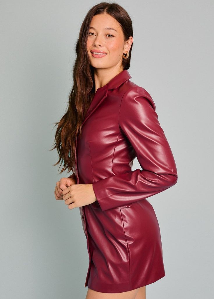 XAYWEAR women leather dress in burgundy with long sleeves and tailored blazer style
