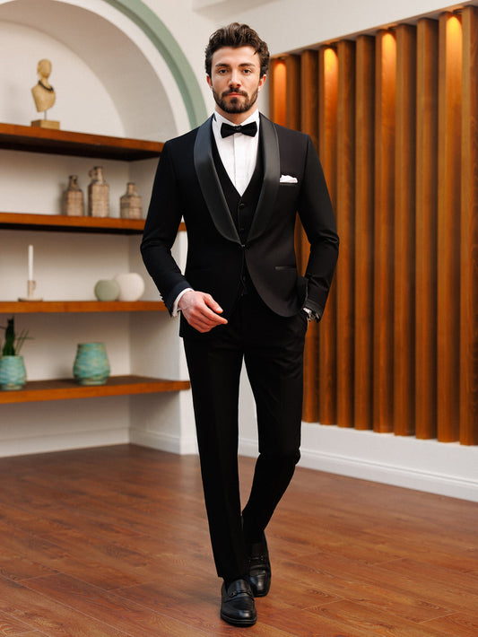 XAYWEAR Men's Stylish Formal Black Slim-Fit Tuxedo 3-Piece Suit