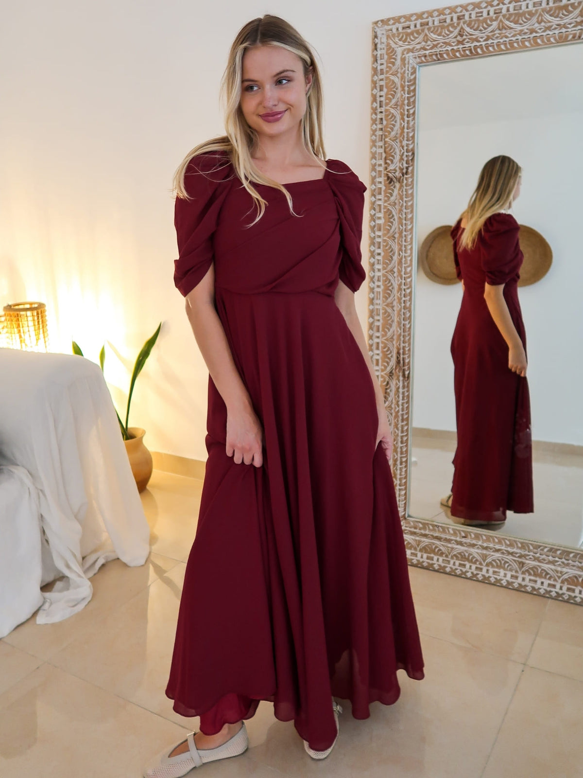 XAYWEAR Reese Pleated Maroon Long Dress