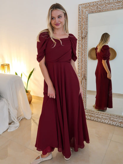 XAYWEAR Reese Pleated Maroon Long Dress