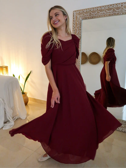 XAYWEAR Reese Pleated Maroon Long Dress