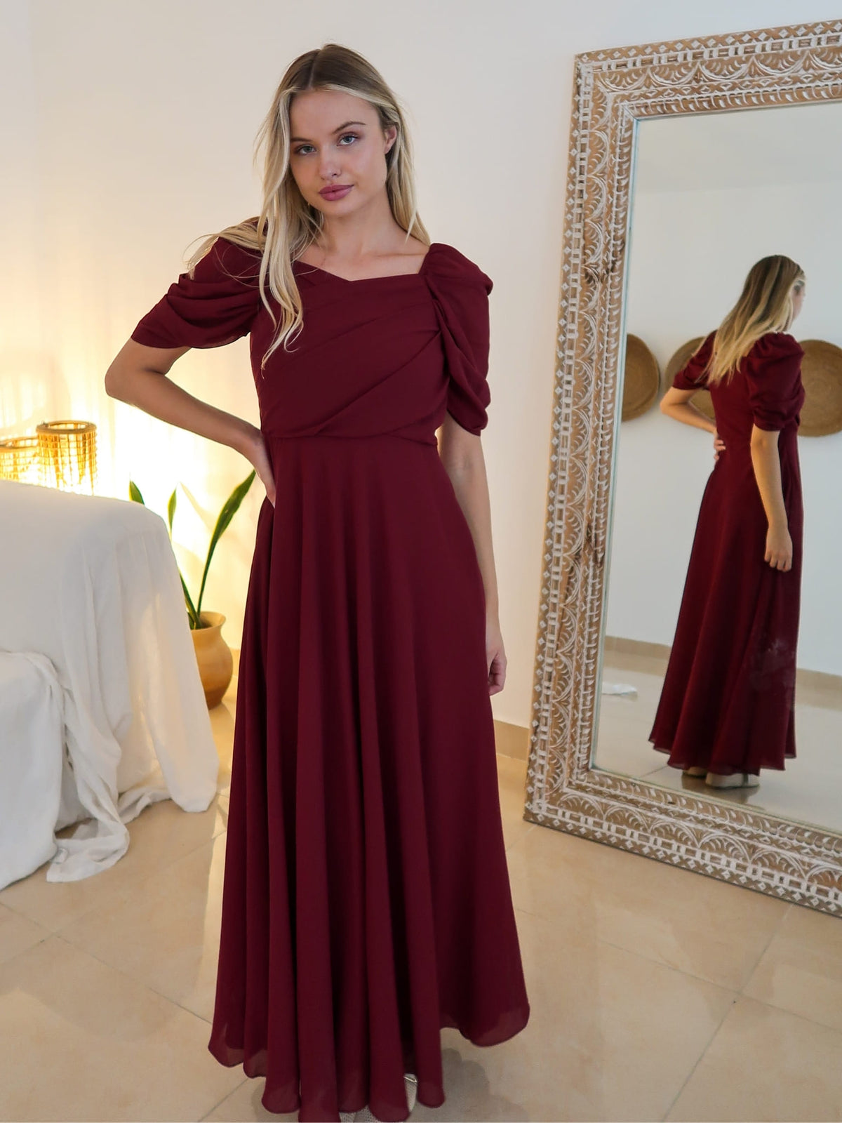 XAYWEAR Reese Pleated Maroon Long Dress