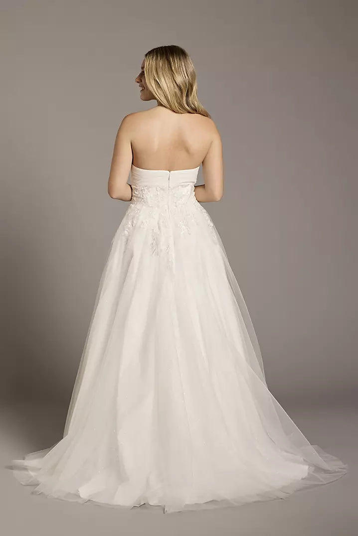 XAYWEAR strapless white wedding dress gown with lace detailing and flowing tulle skirt
