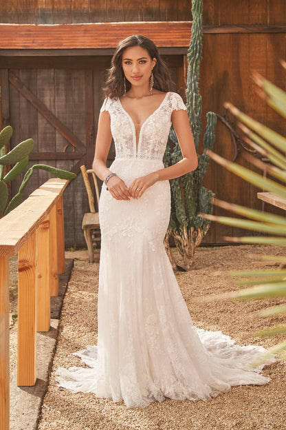XAYWEAR elegant wedding dress with lace details and deep V neckline gown for brides