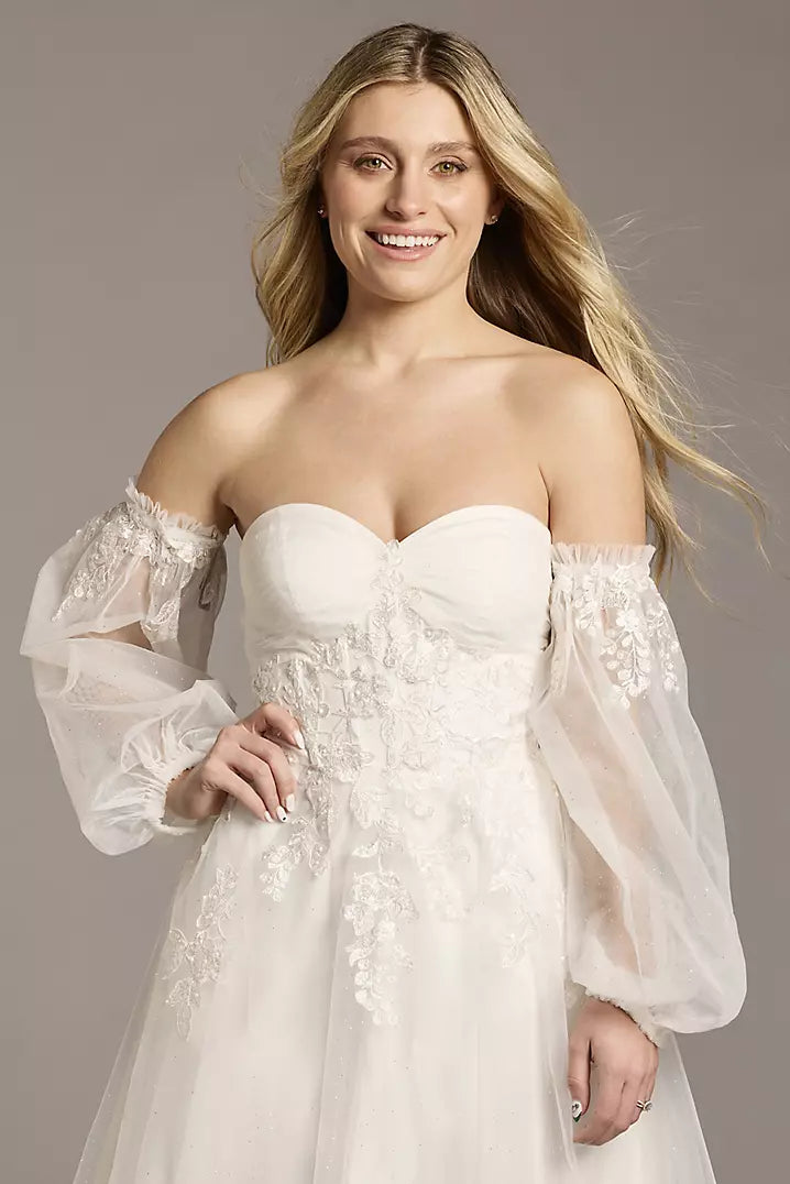 XAYWEAR off-shoulder gown wedding dress with sheer puff sleeves and floral lace details