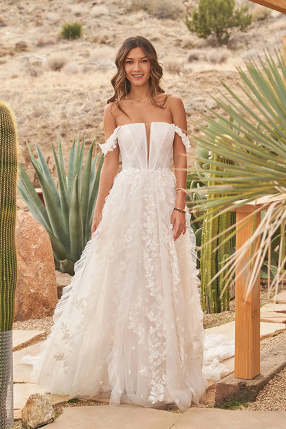XAYWEAR elegant off-shoulder wedding dress with floral lace details and flowing skirt