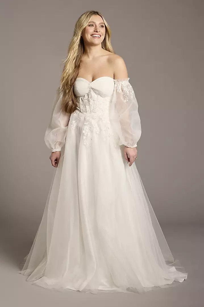 XAYWEAR off-shoulder wedding dress with long sheer sleeves and floral lace bodice detailing