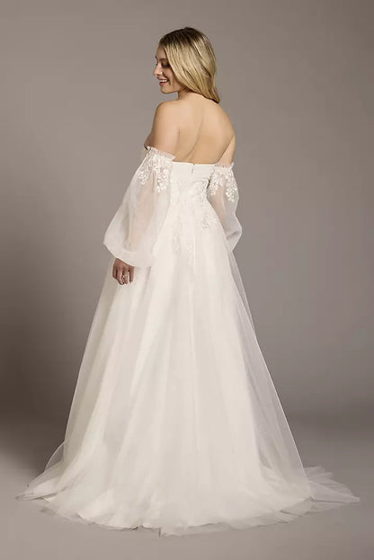 XAYWEAR off-shoulder wedding dress with sheer puff sleeves and lace detailing on the back