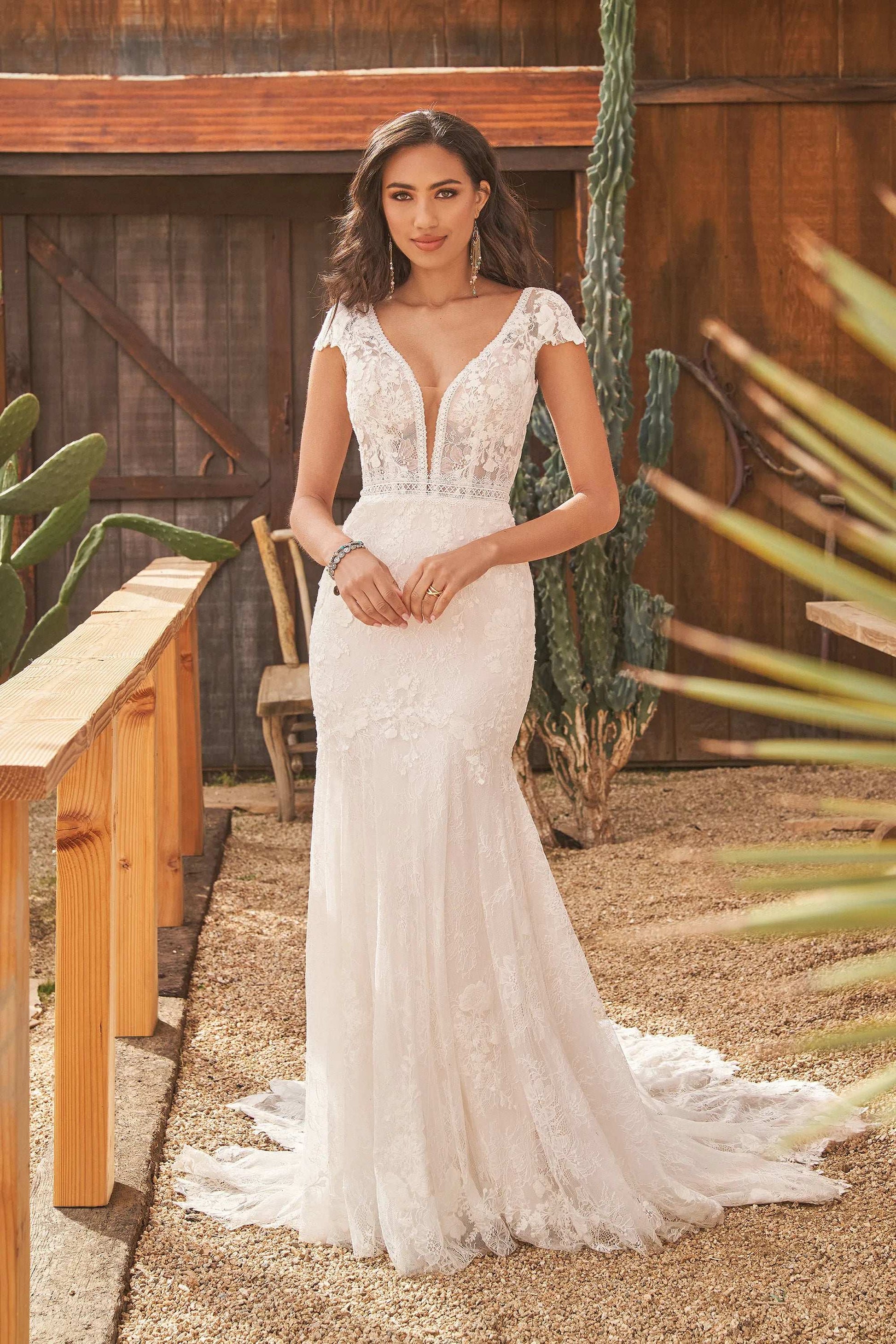 XAYWEAR elegant lace gown wedding dress with deep V neckline and cap sleeves