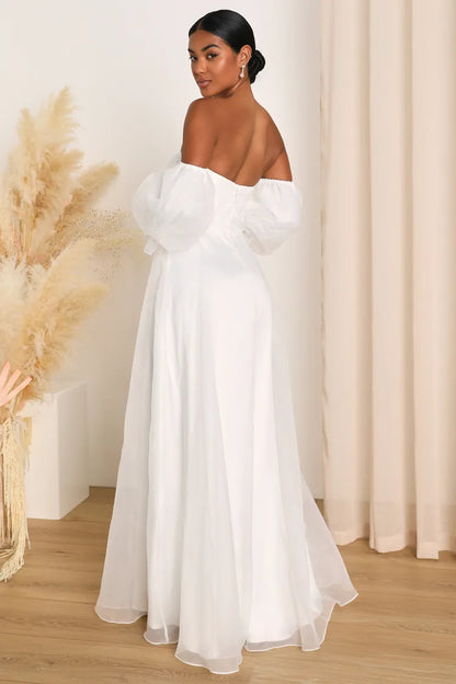 XAYWEAR elegant off-shoulder gown with puff sleeves, flowing design perfect as a wedding dress