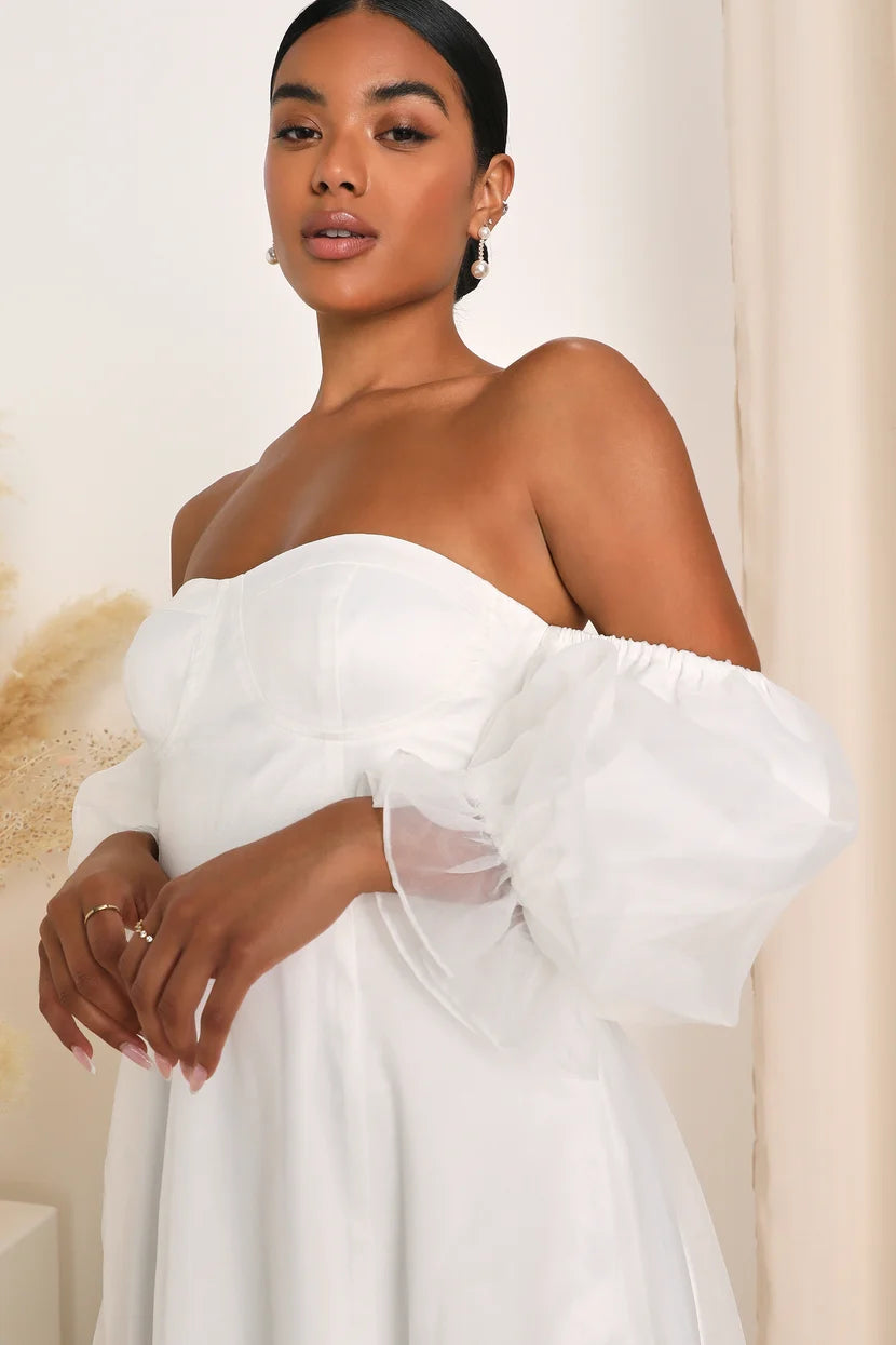 XAYWEAR white wedding dress gown with off-the-shoulder puff sleeves and fitted bodice