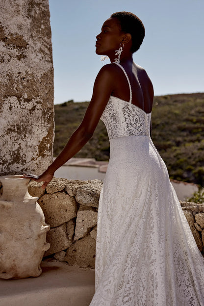 XAYWEAR elegant lace wedding gown with spaghetti straps and low back detail