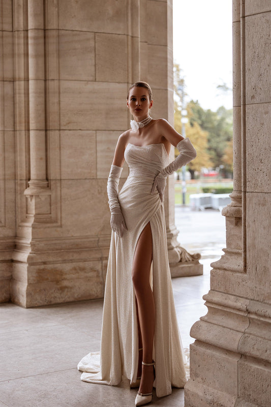 XAYWEAR elegant wedding gown with thigh-high slit, strapless neckline, and matching gloves