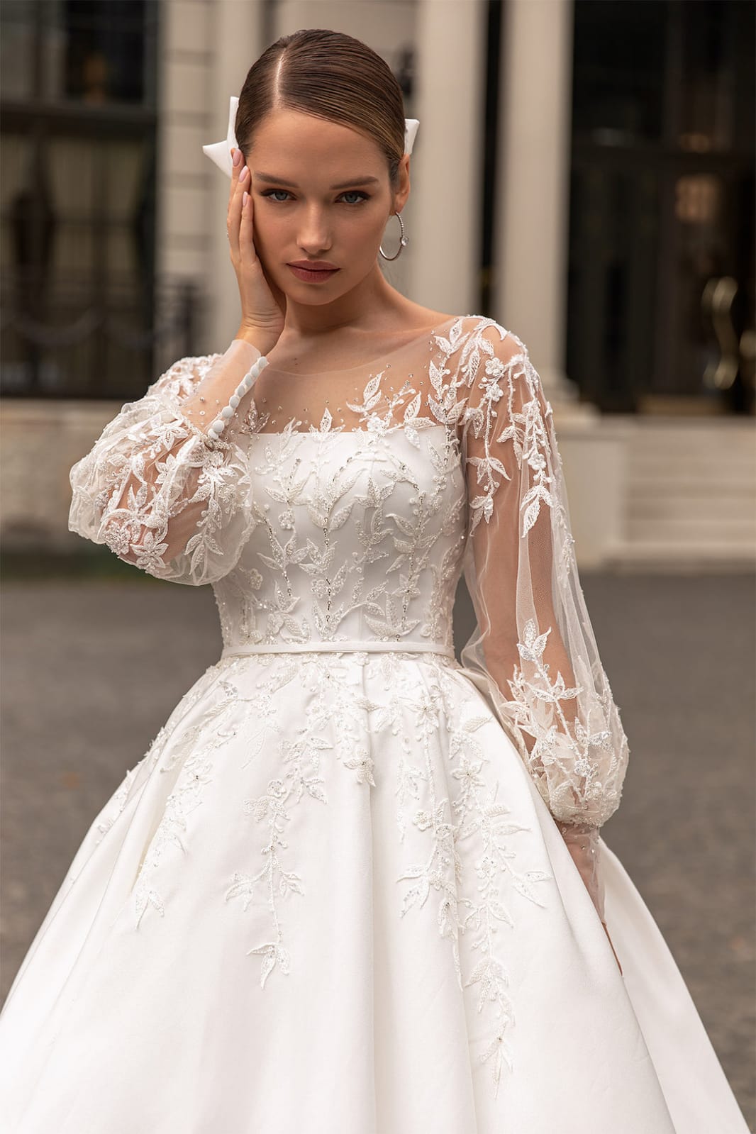 XAYWEAR elegant wedding gown with sheer long lace sleeves and floral embroidery detail