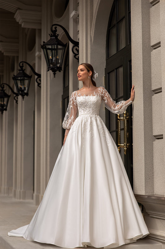 XAYWEAR elegant wedding gown with sheer lace long sleeves and full satin skirt