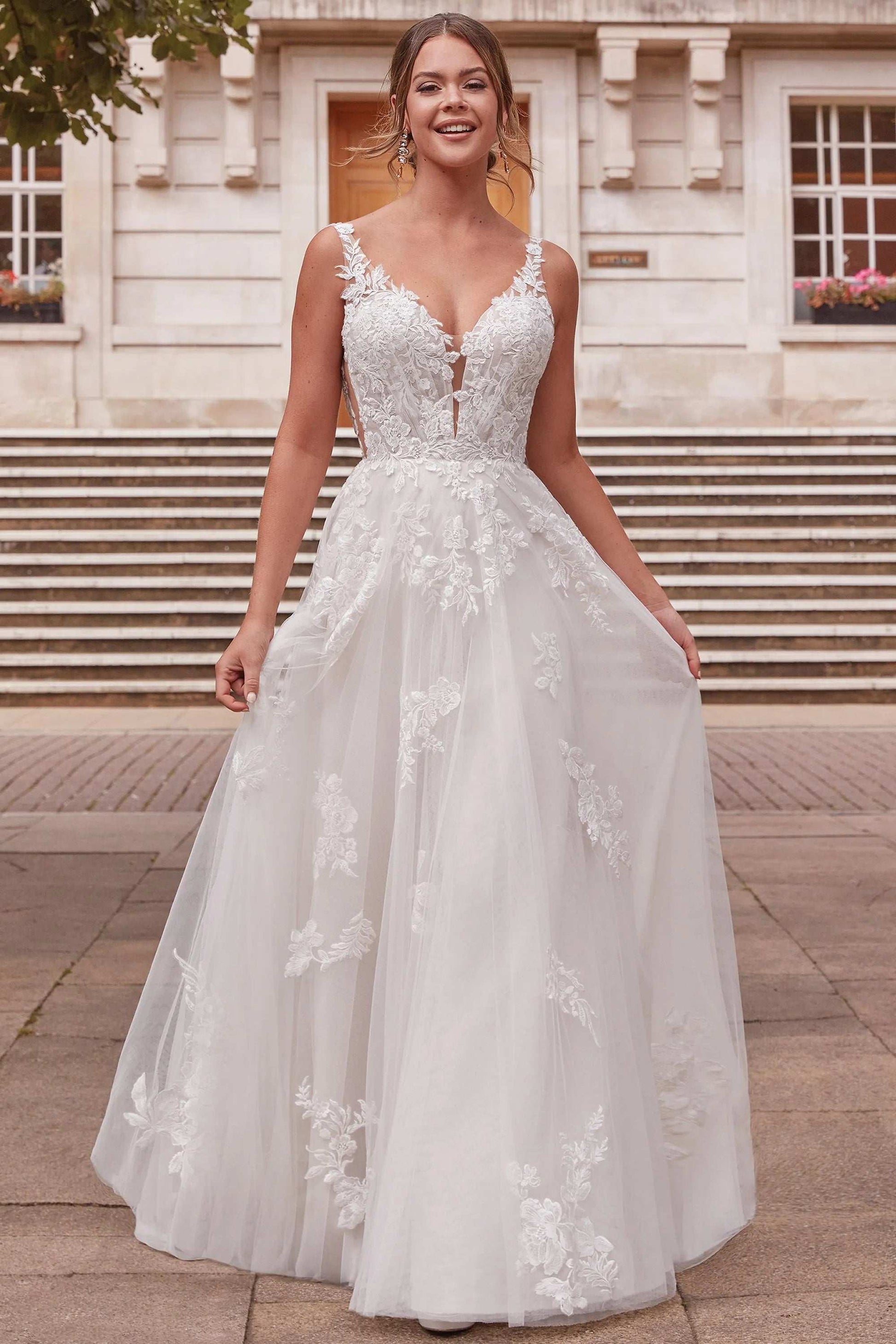 XAYWEAR elegant white lace wedding dress with floral appliques and sheer bodice