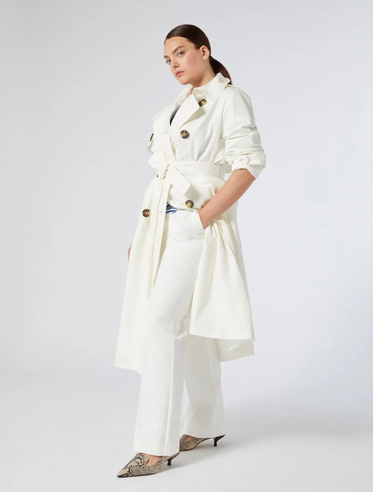 Elegant White Trench Coat for Spring styled with white pants and chic accessories
