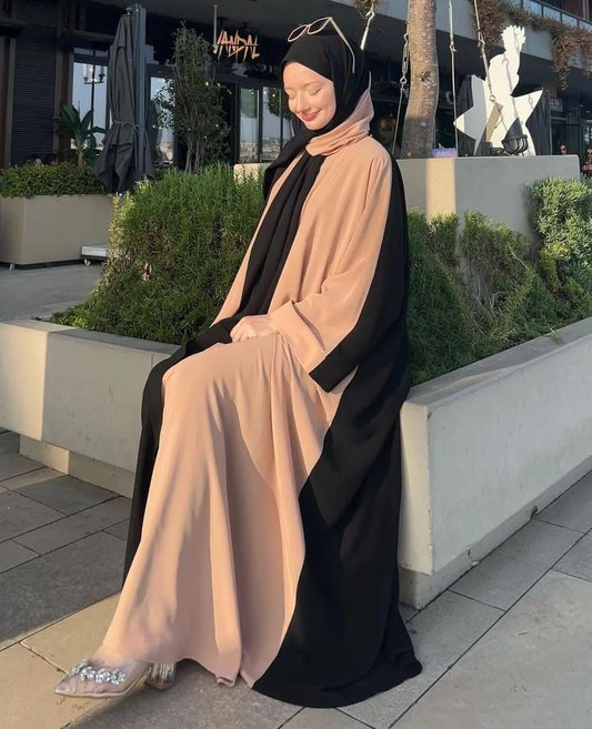 Elegant women black abaya with beige accents, perfect for formal occasions or casual wear