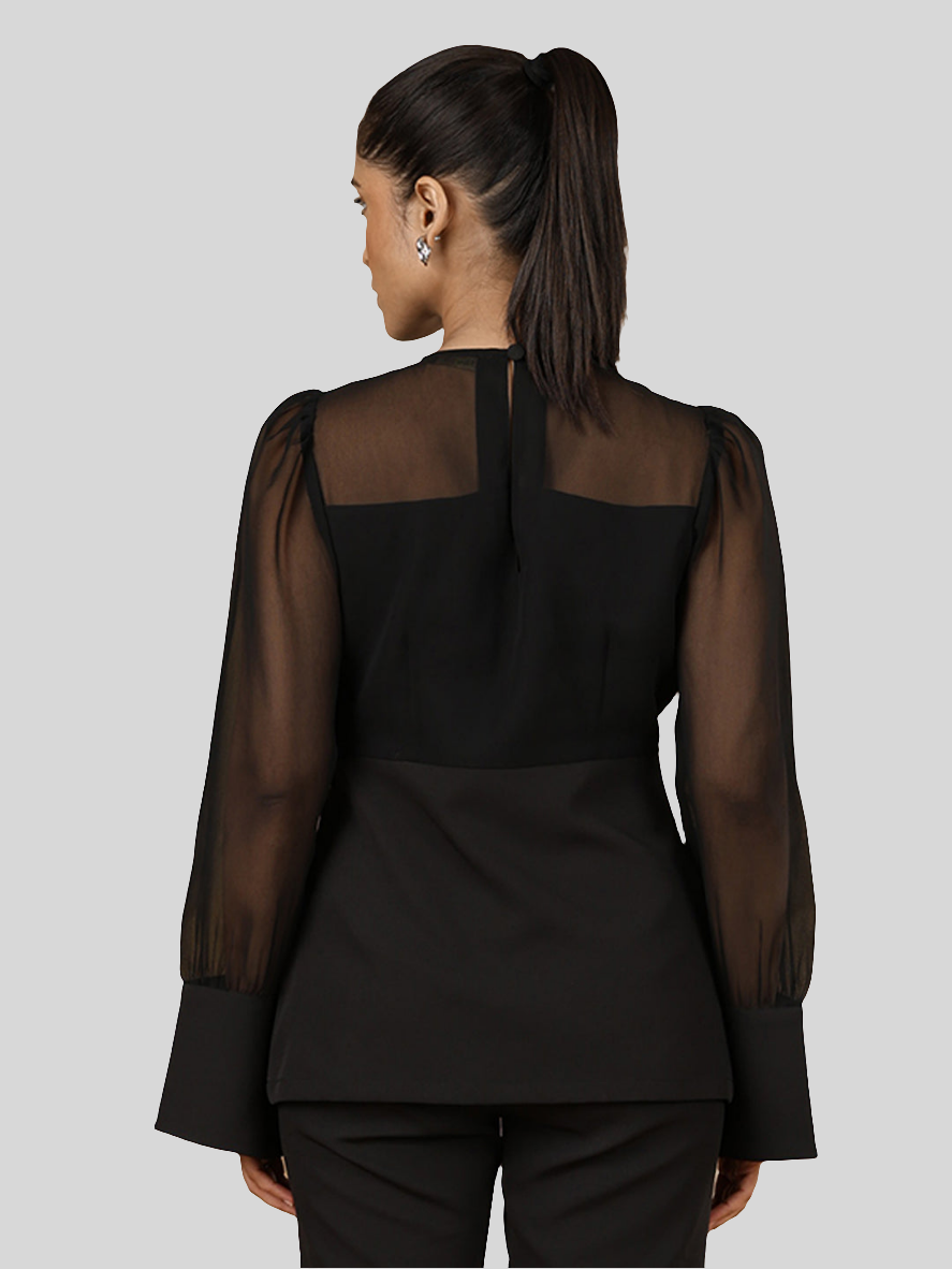 XAYWEAR women black blouse with sheer puff sleeves and fitted waist back view