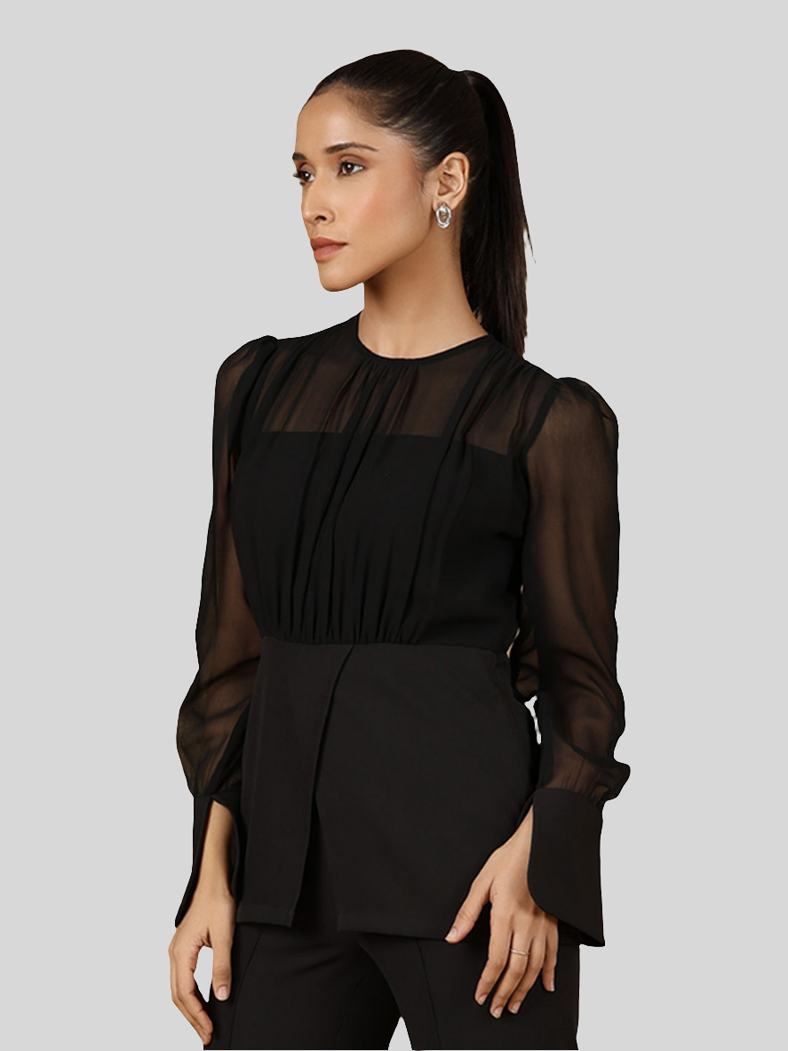 XAYWEAR women black blouse with sheer long sleeves and pleated front detail