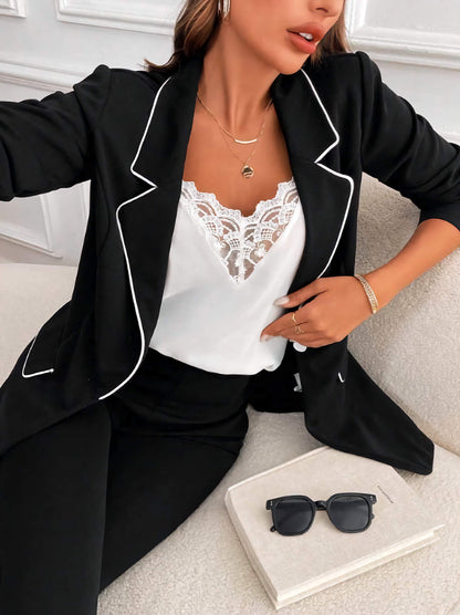 XAYWEAR women black suit set with white trimmed blazer and lace top outfit
