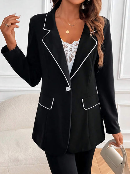 XAYWEAR women black suit set with white piping details on blazer pockets and lapels
