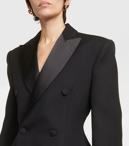 XAYWEAR women black tuxedo blazer with satin lapels and double-breasted buttons for formal wear