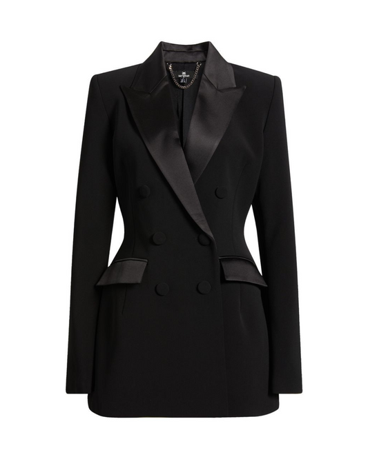 XAYWEAR Women's Blazer in Black with Satin Lapels and Double-Breasted Design