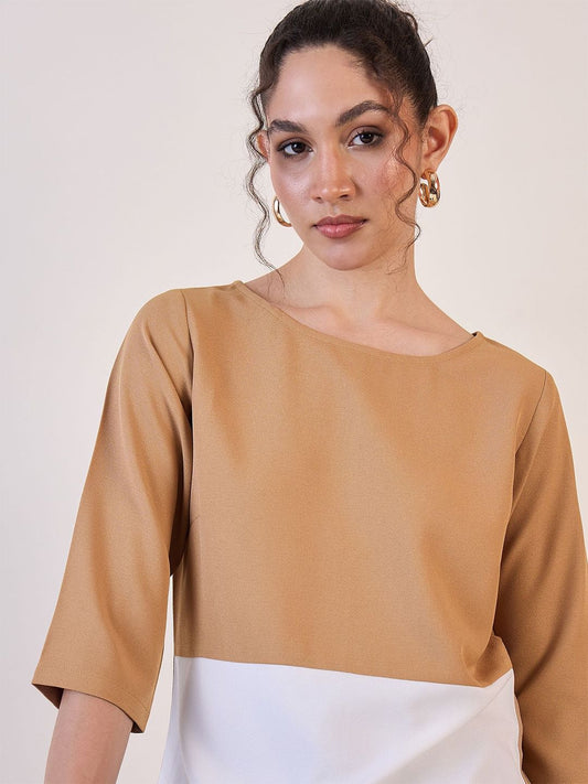 Stylish boat neck blouse for women in beige and white with three-quarter sleeves