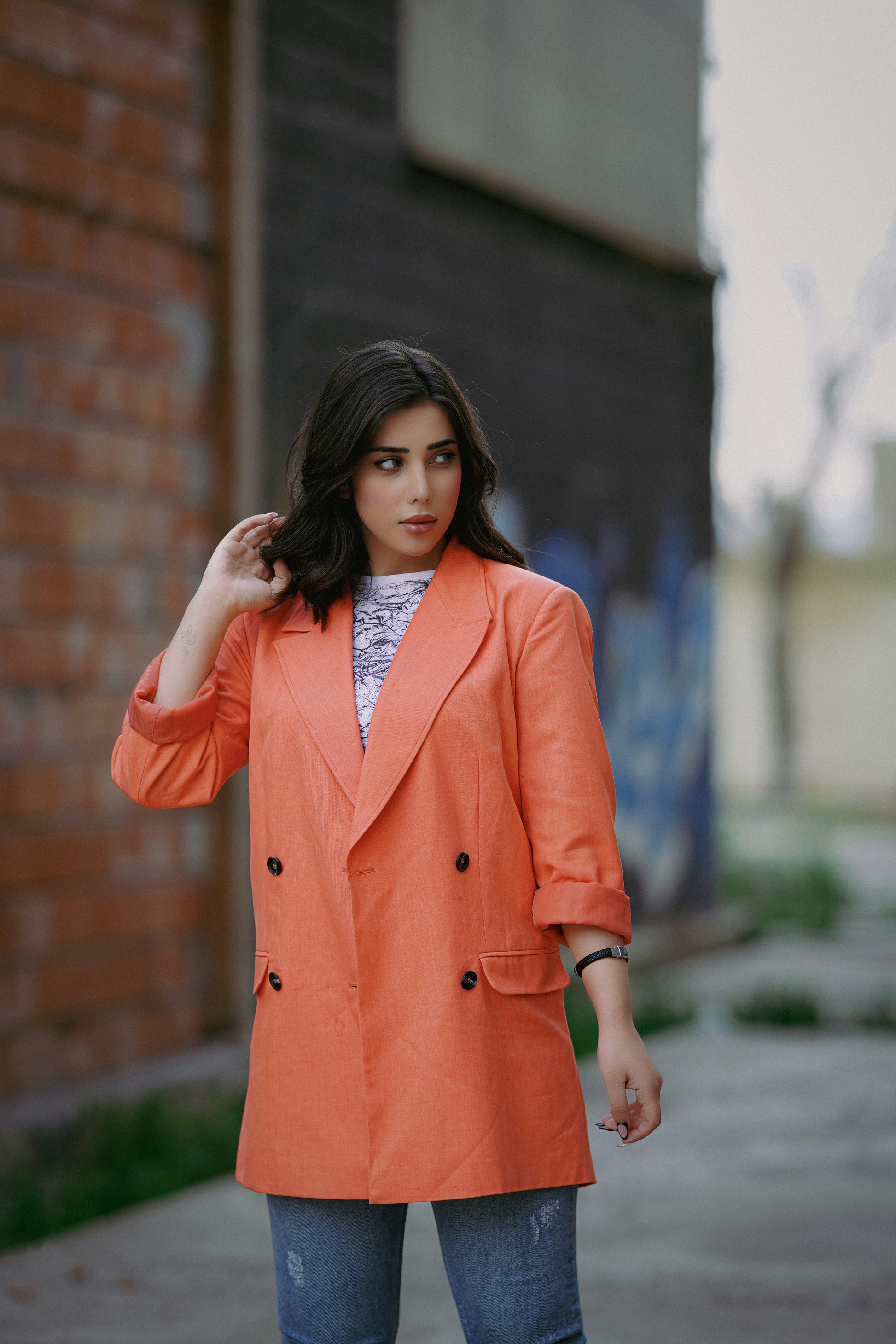 XAYWEAR orange double-breasted blazer women coat with rolled sleeves styled with casual outfit