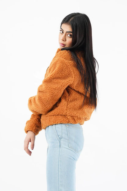 XAYWEAR women faux fur jacket in orange with a cozy design, perfect for stylish layering