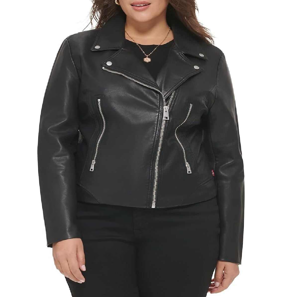 XAYWEAR women faux leather jacket black biker style with silver zippers and snap collar