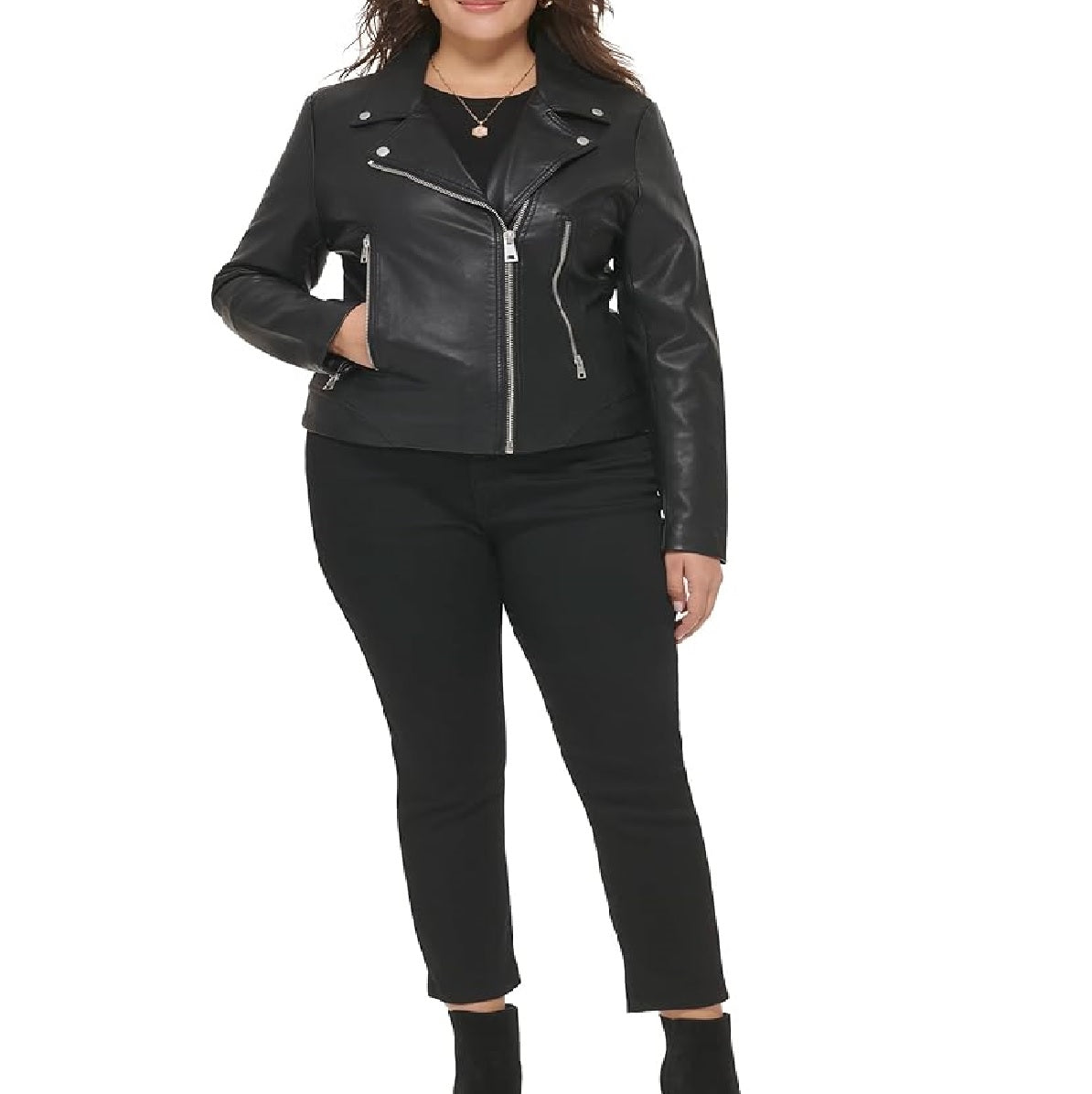 XAYWEAR women faux leather jacket black biker style with silver zipper and pockets