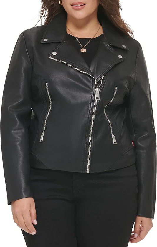 XAYWEAR black women faux leather jacket biker style with zipper pockets and collar
