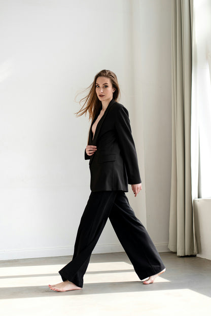 XAYWEAR black suit for women formal attire featuring tailored blazer and wide-leg pants
