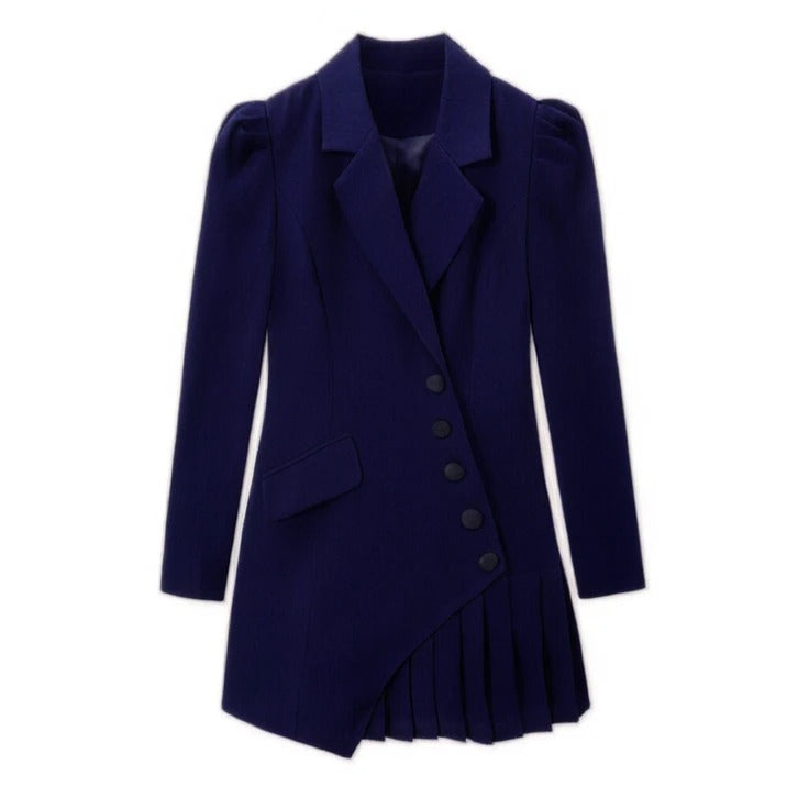 XAYWEAR navy blue tuxedo dress with asymmetrical buttons and pleated skirt for women formal occasions