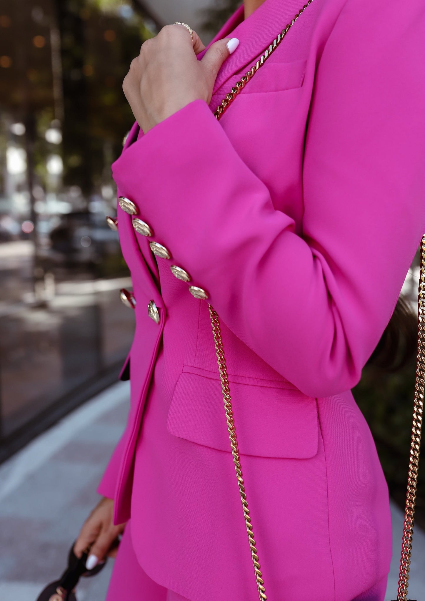 XAYWEAR bright pink suit with gold buttons for women formal wear stylish and elegant outfit